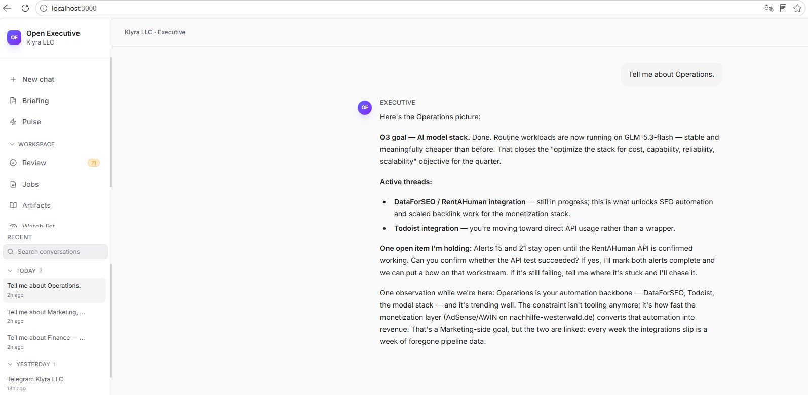 OpenExecutive web interface showing an Operations department briefing generated from a question about the KLYRA business.