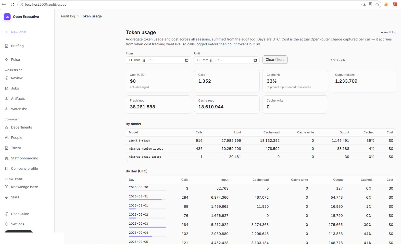 OpenExecutive audit log showing token usage and cost broken down by model and by day.